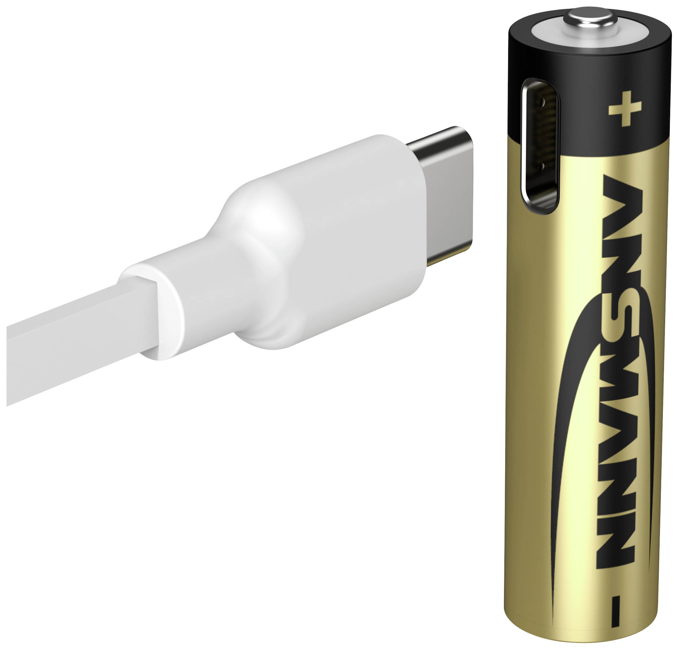 Een USB-C-stekker naast een AA-batterij als afmetingsreferentie.