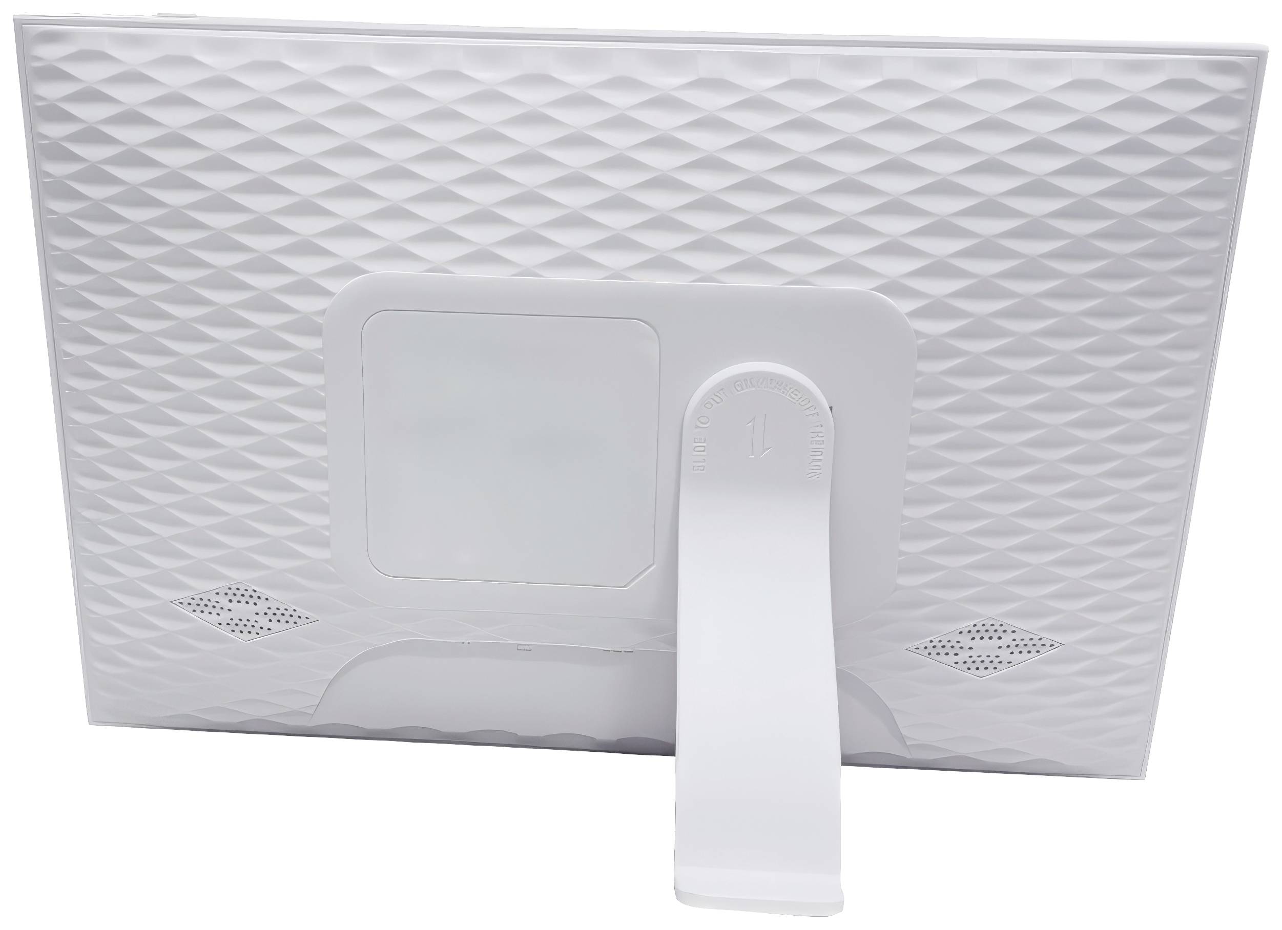 Achterkant van een witte digitale fotolijst met standaard en gestructureerd ontwerp.