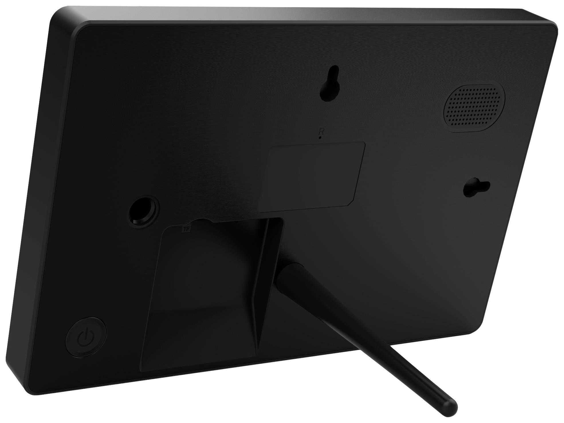 Een zwart elektronisch apparaat met een uitstekende antenne, achterkant getoond, geschikt voor wandmontage.