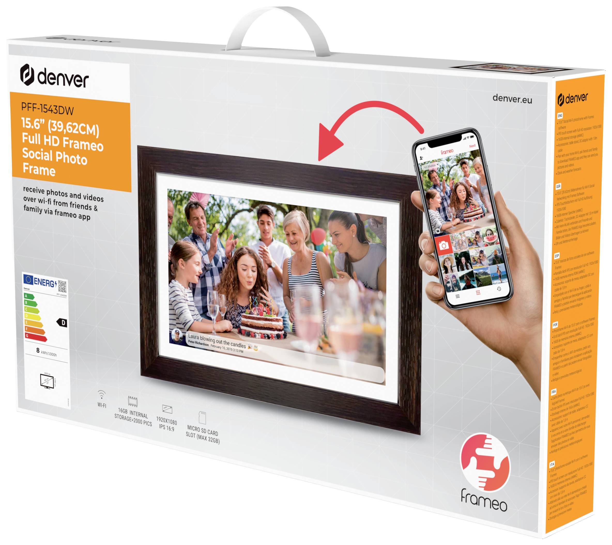 Verpakking van een digitaal fotolijstje dat foto's van smartphones toont. Merknaam, formaat '15,6"' en energieklasse gedrukt.