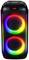 Zwarte glanzende luidspreker met twee grote, lichtgevende LED-ringen in regenboogkleuren boven een digitaal display.