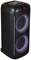 Zwarte Bluetooth-speaker met twee grote ronde verlichtingen. Ideaal voor feesten en muziekevents.