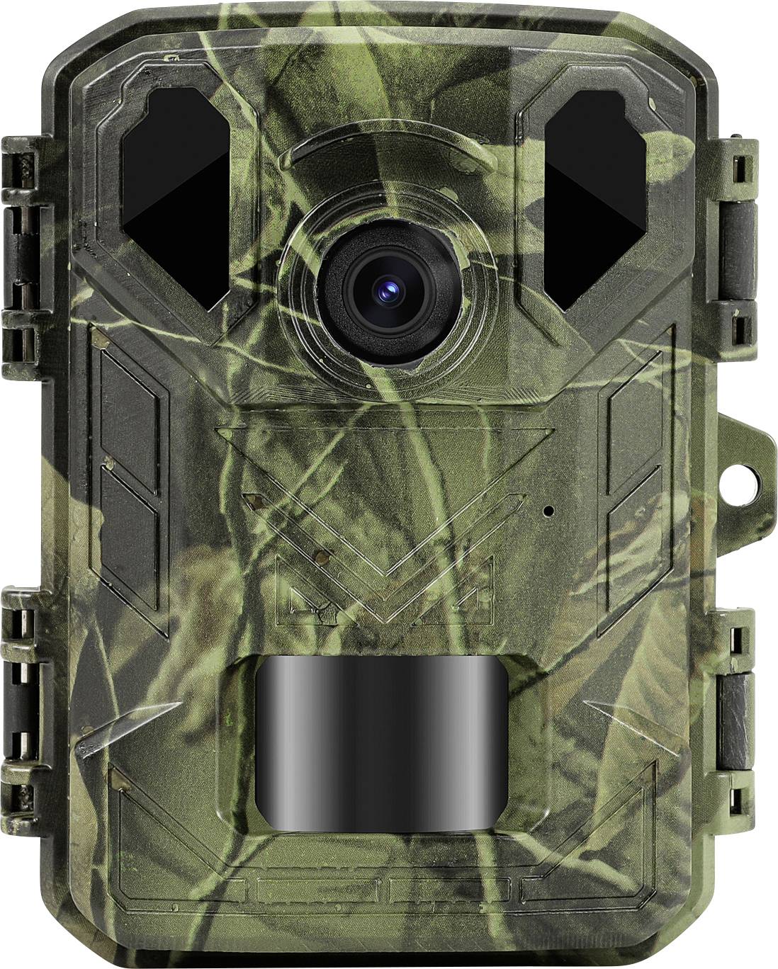 Een camouflagecamera met een groen, bladachtig patroon en een zwarte lens, bedoeld voor wildlife-observatie of bewaking.