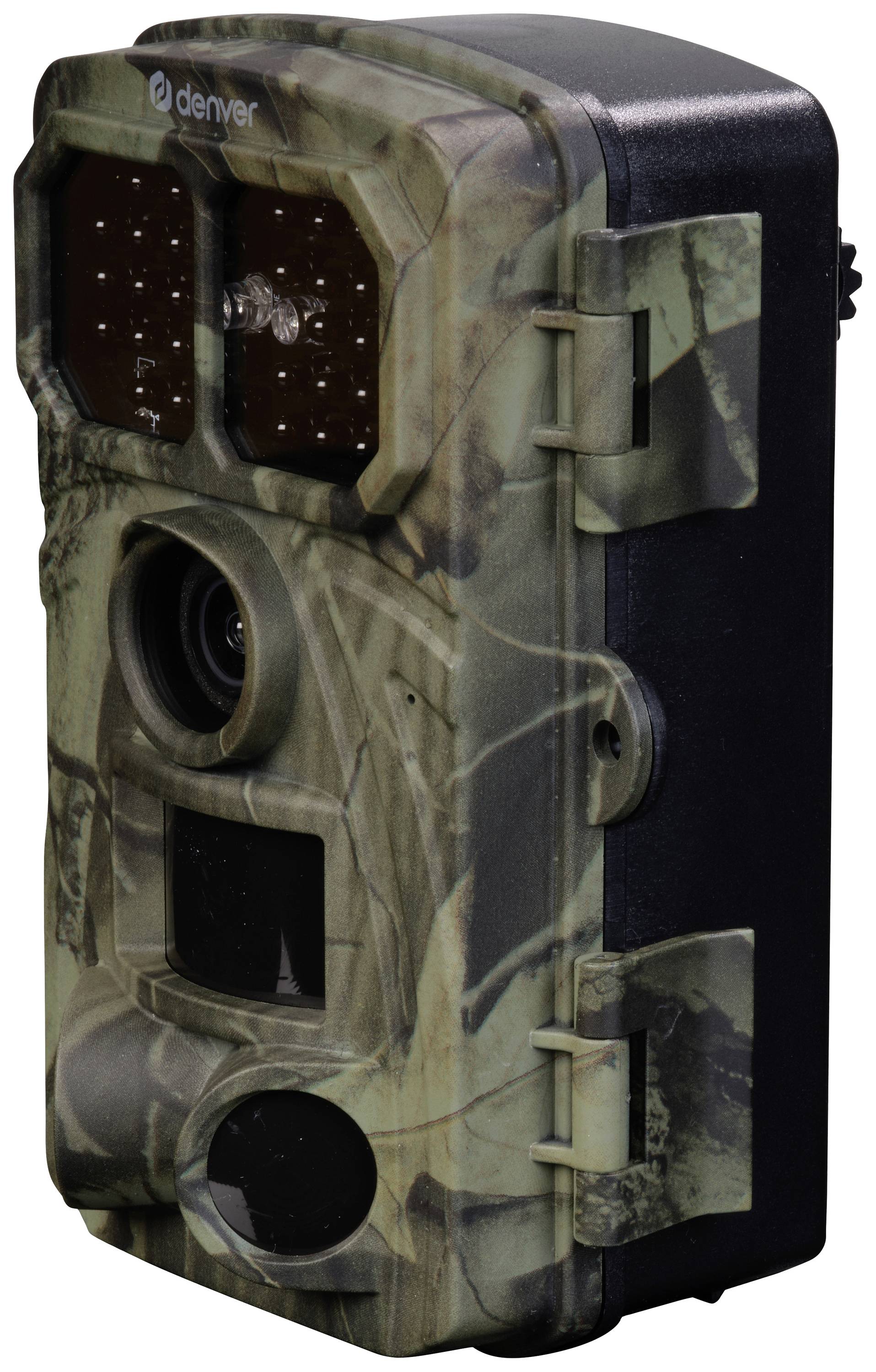 Wildcamera met camouflageschild en meerdere lenzen, geschikt voor dierenwaarneming of buitenbeveiliging.