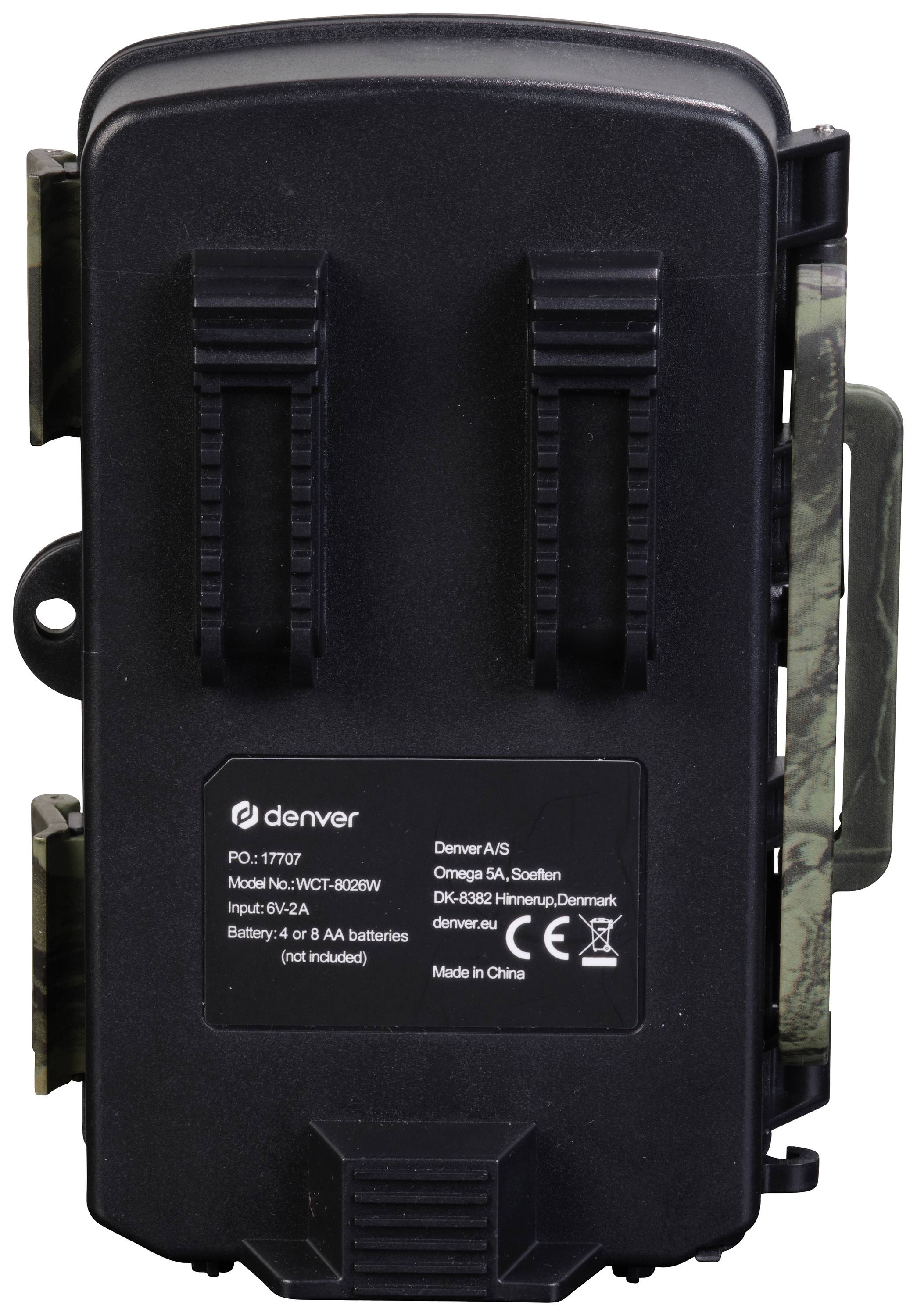 Een zwarte, rechthoekige wildcamera van Denver, modelnummer WCT-8020W. Merk- en modelinformatie zijn gemarkeerd.