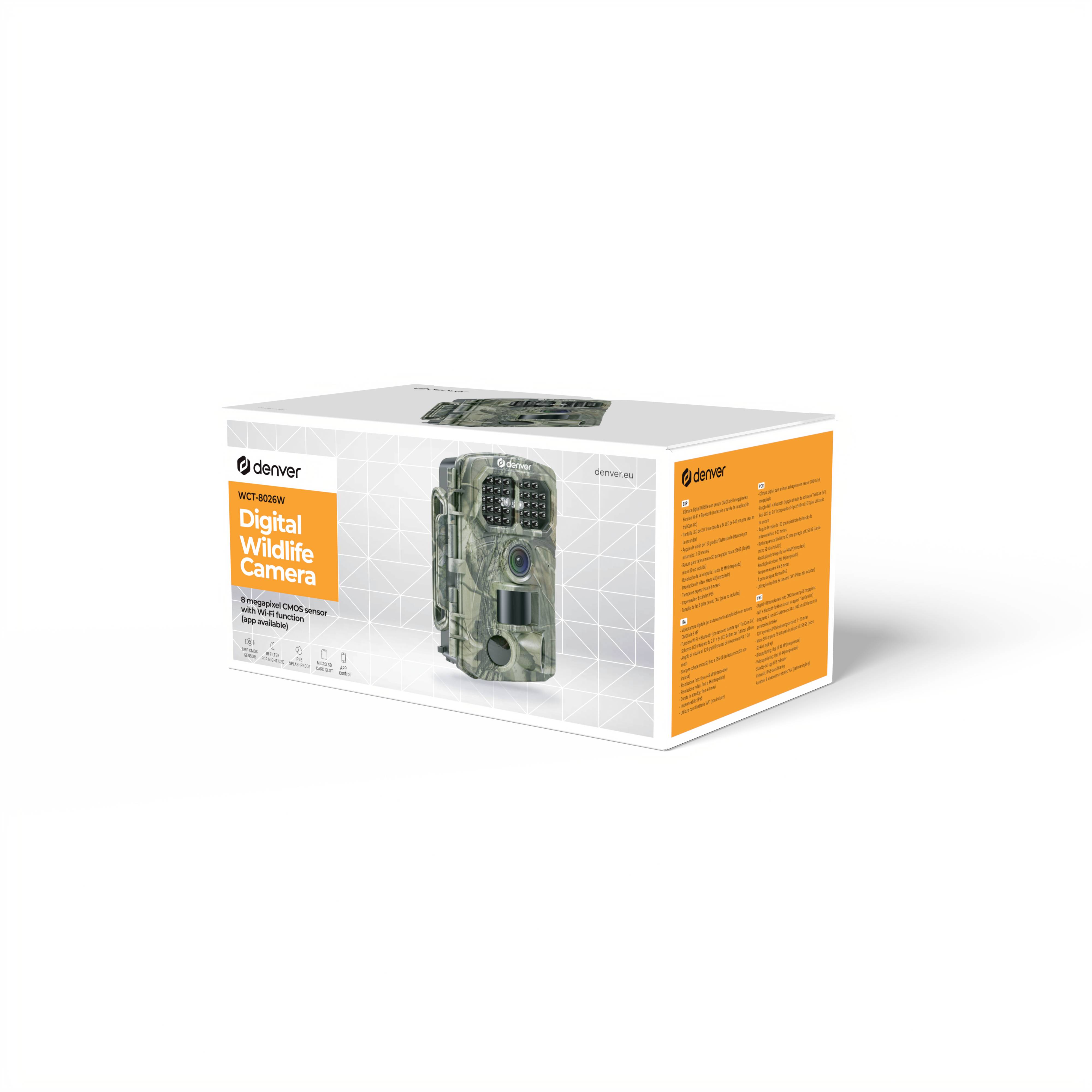 Een verpakking van de digitale wildcamera van Denver, model WCM-8010, met een afbeelding van de camera en productspecificaties op de doos.