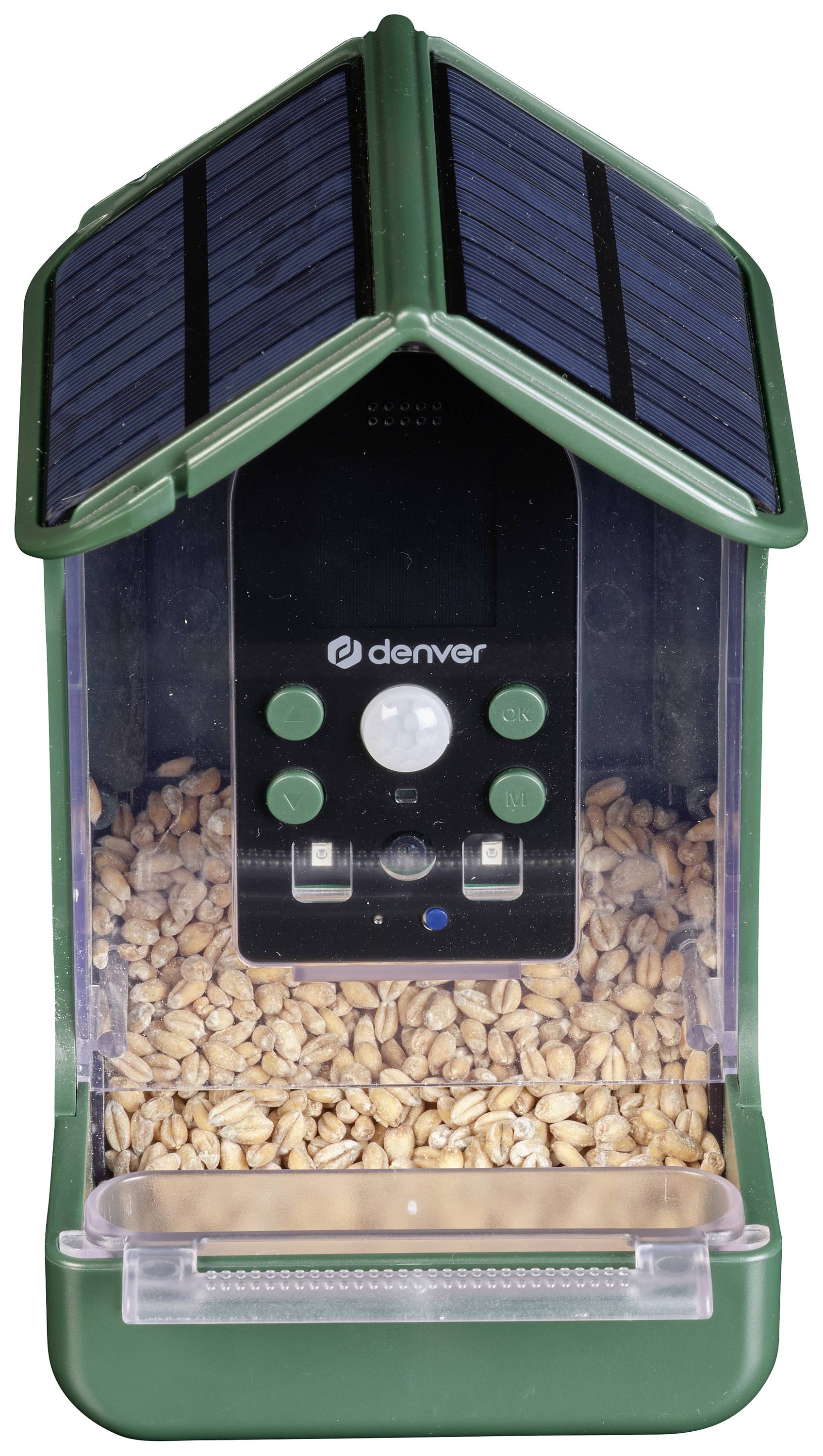 Een groene, zonne-energiegevoed voederautomaat met zonnecellen op het dak, gevuld met korrels.
