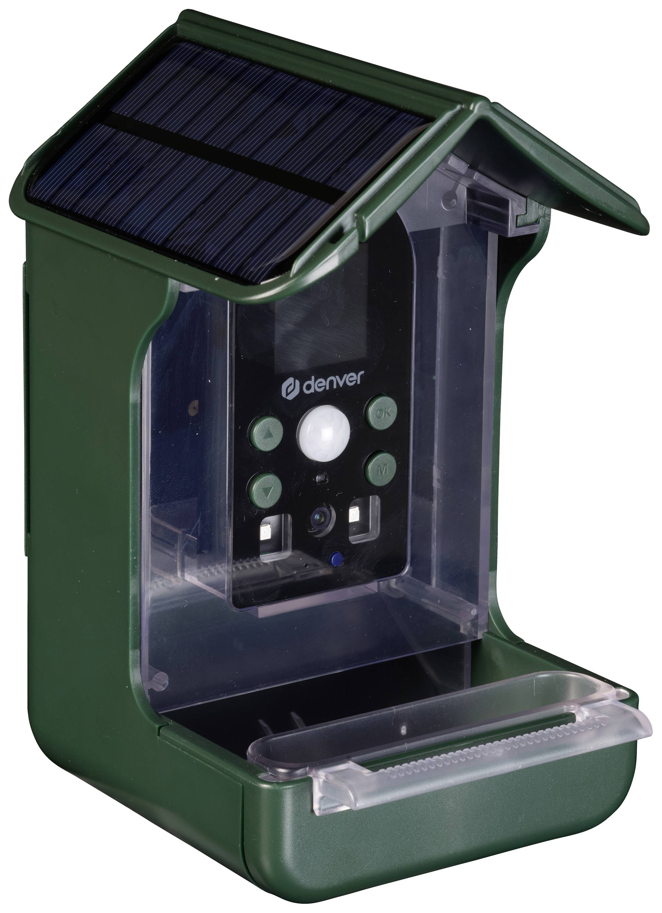 Een groen, zonnepaneel-aangedreven tuinbewakingsapparaat met camera. Bovenaan een zonnepaneel, daaronder de camera met bedieningselementen.
