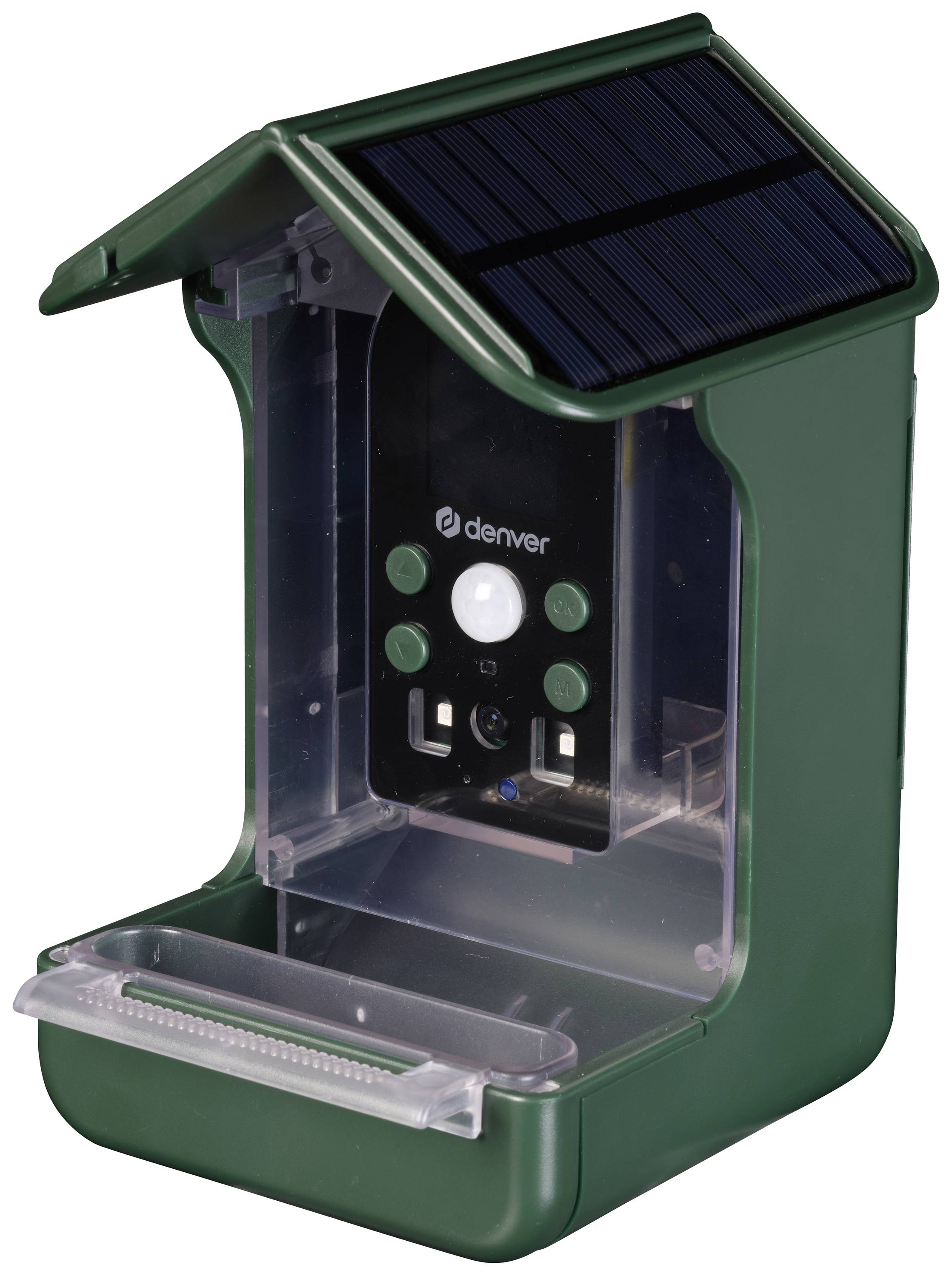 Zonnepaneel-wildcamera in een groen behuizing met zonnepaneel bovenaan.