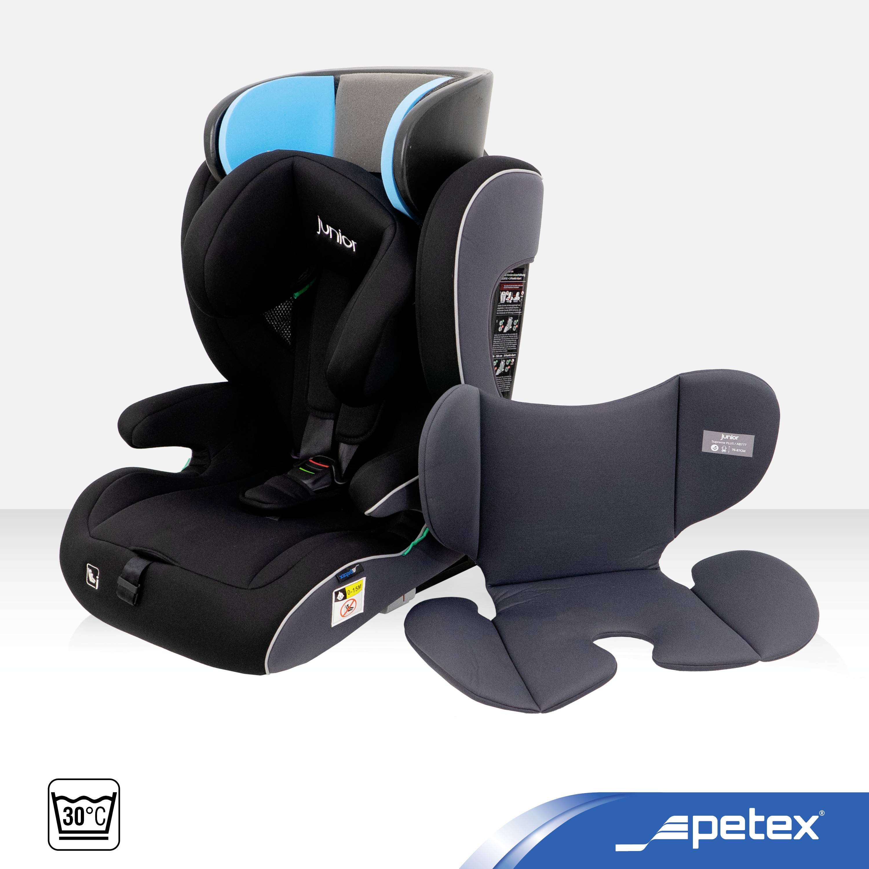 'Petex' Kinderstoel met afneembaar kussen, zwart-blauw design. Geschikt voor kinderen tot 36 kg. Wasbaar op 30°C.