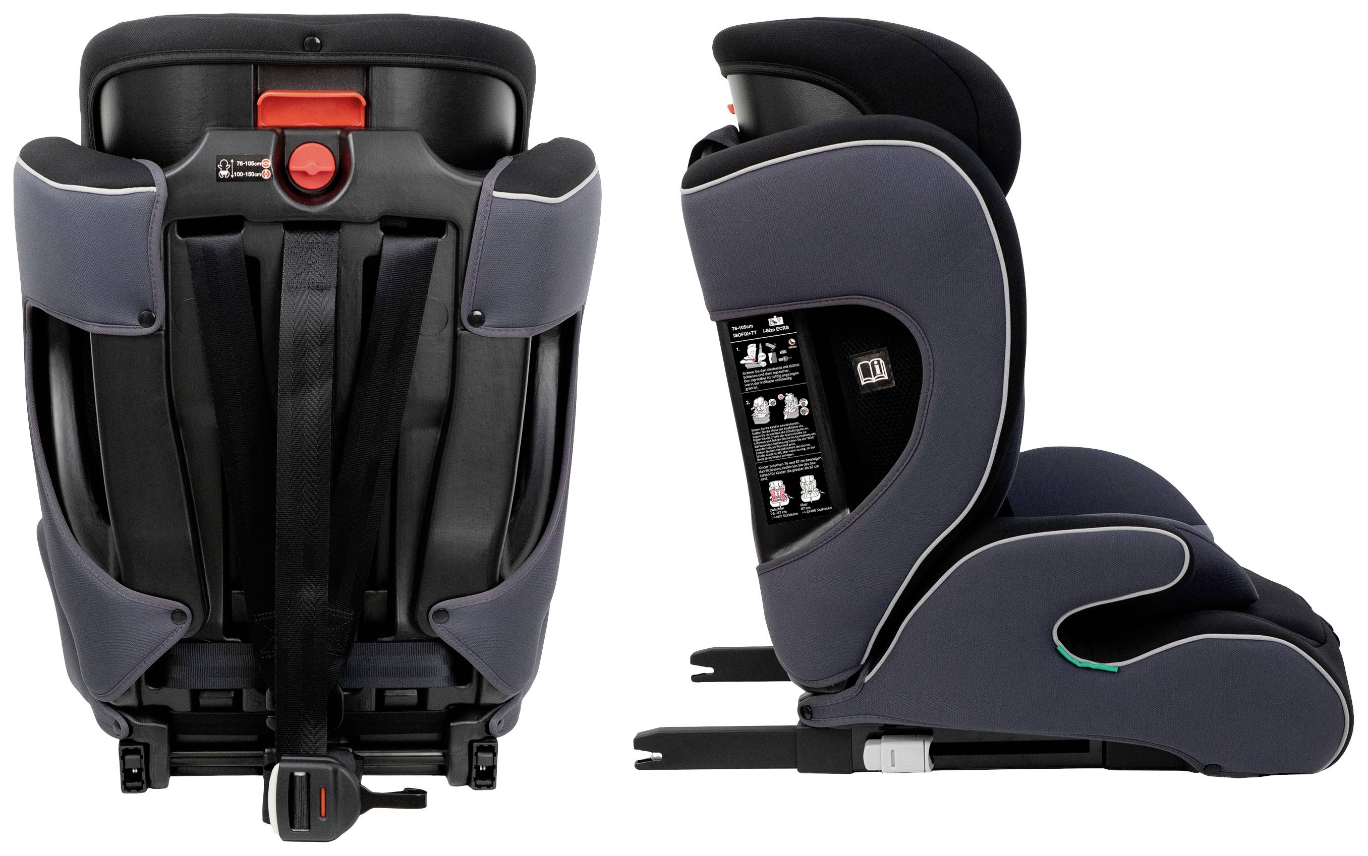 'Kinderstoel met Isofix-bevestigingssysteem, zijaanzicht toont veiligheidslabels, achteraanzicht toont gordel- en bevestigingsmechanismen.'