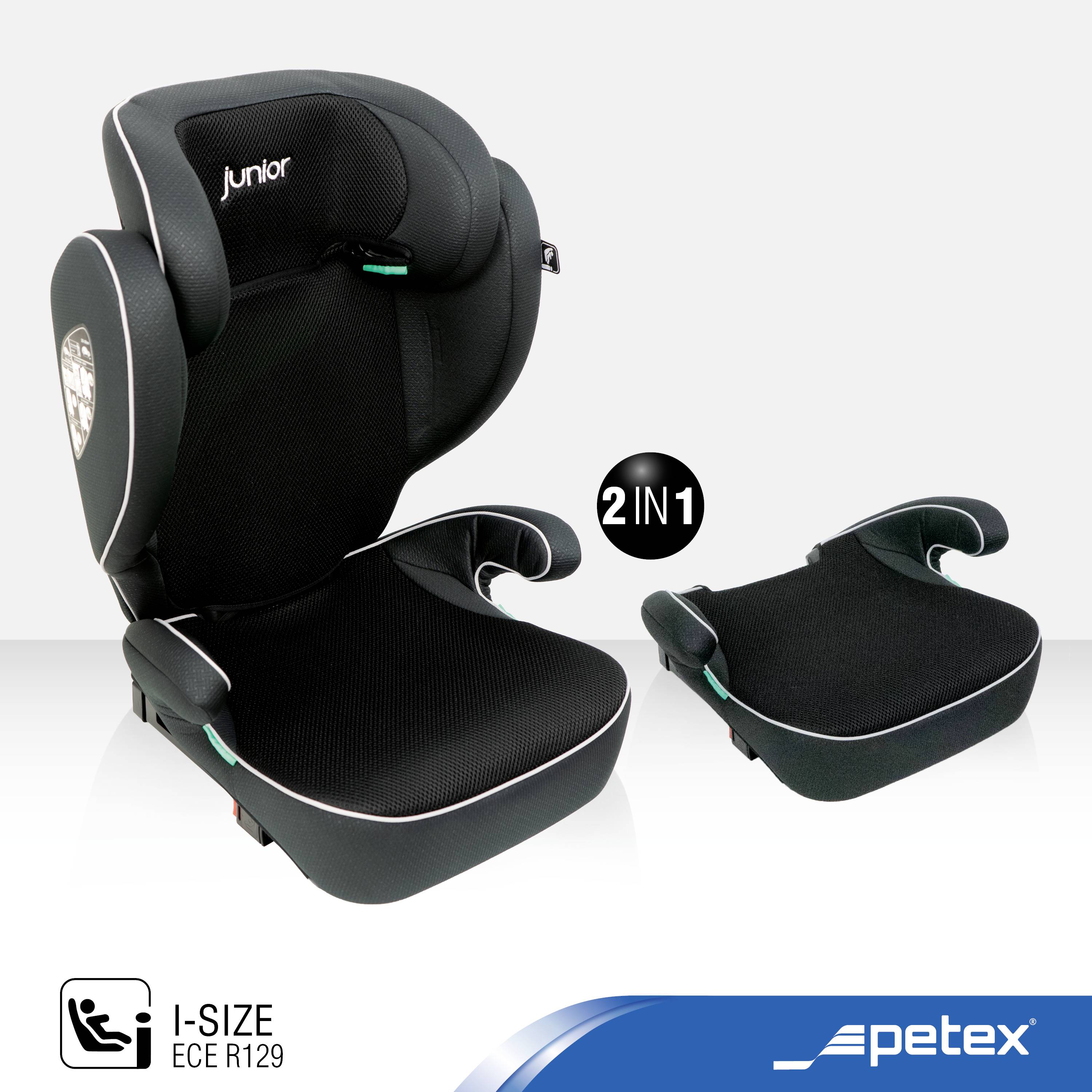 'Petex 2-in-1 Autostoel in Zwart, i-Size, ECE R129 gecertificeerd, voor kinderen van 100-150 cm lichaamslengte.'
