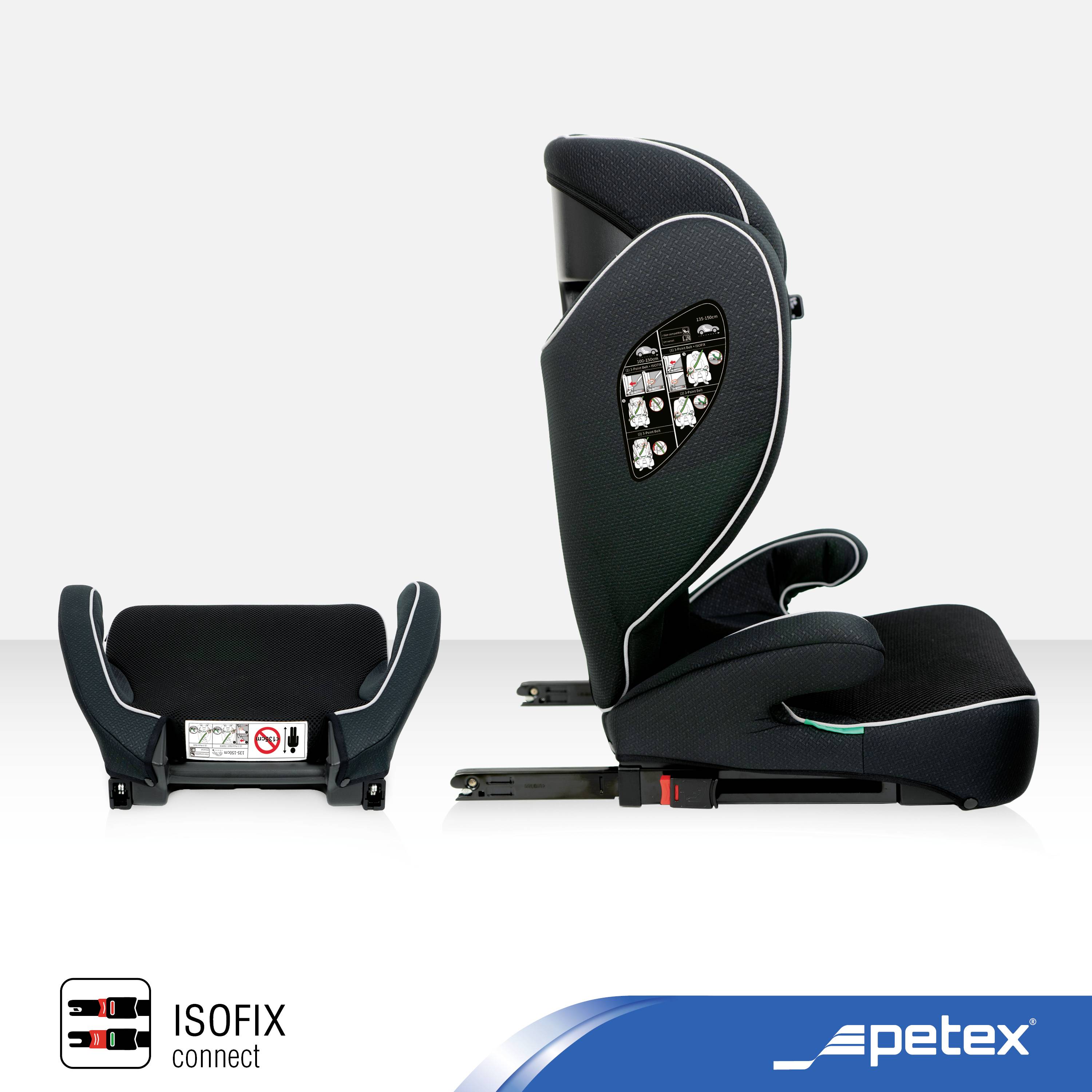 ISOFIX-kinderstoel met armleuningen, een verstelbare rugleuning en bevestigingspunten. Zijaanzicht toont ontwerpdetails en merk 'petex'.