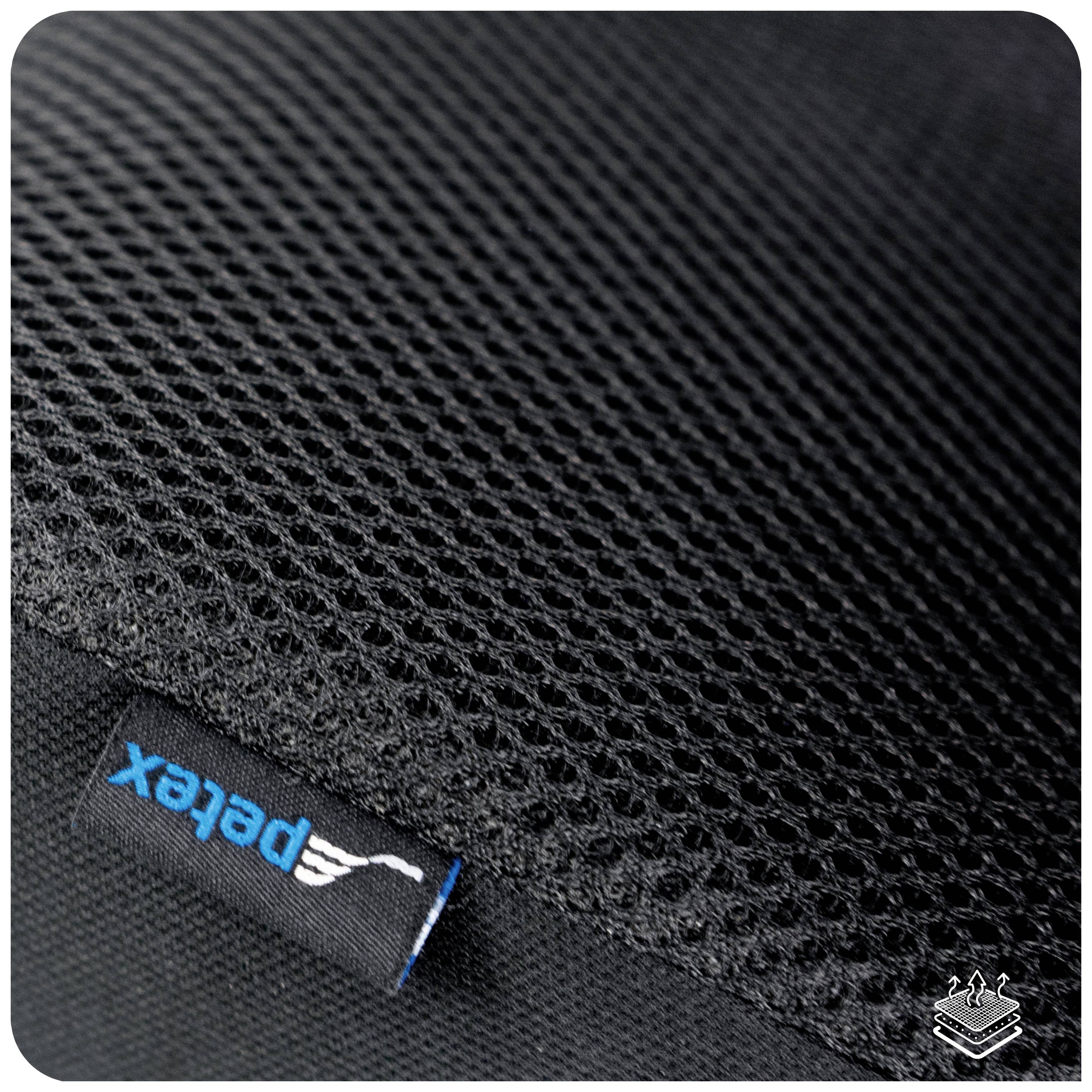 Zwarte netstructuur met een blauw „pertex"-label. Materiaal toont fijn detail en structuur.