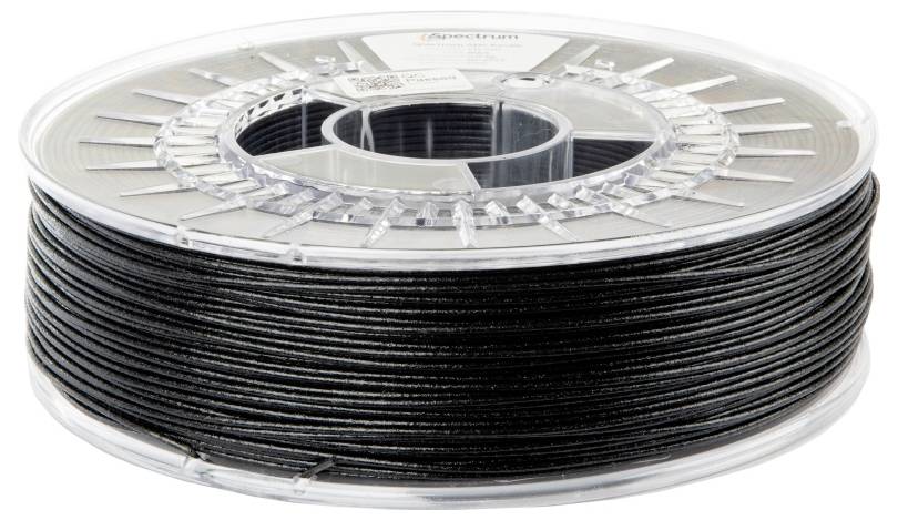 Een spoel met zwart filament voor een 3D-printer, in een transparante kunststof verpakking op een witte achtergrond.