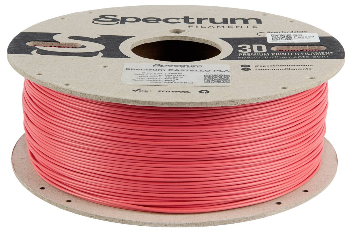 Rol met 3D-printer-filament in fluorescerend roze, merk 'Spectrum Filaments', op een kartonnen spoel. Tekst op de spoel: 'Spectrum' en 'Premium Printer Filament'.