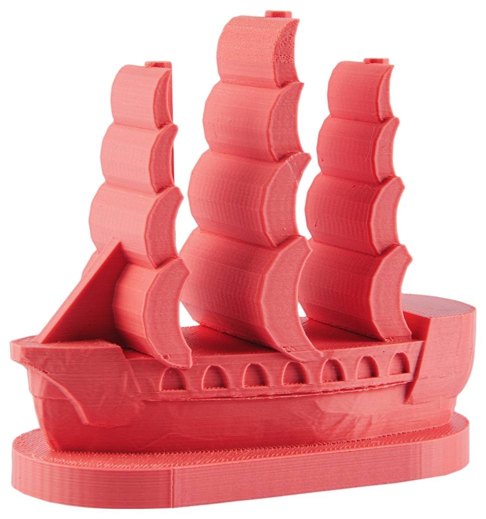 Rood model van een antiek zeilschip met drie grote, gelaagde zeilen.
