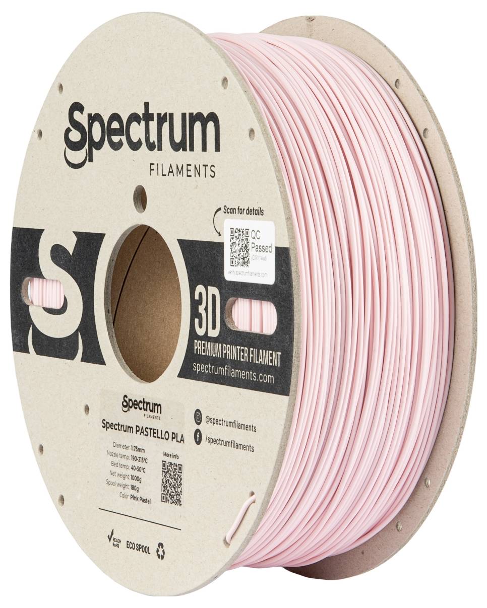 Een rol roze 3D-printfilament van Spectrum Filaments met opdruk 'Spectrum Pastello PLA'.