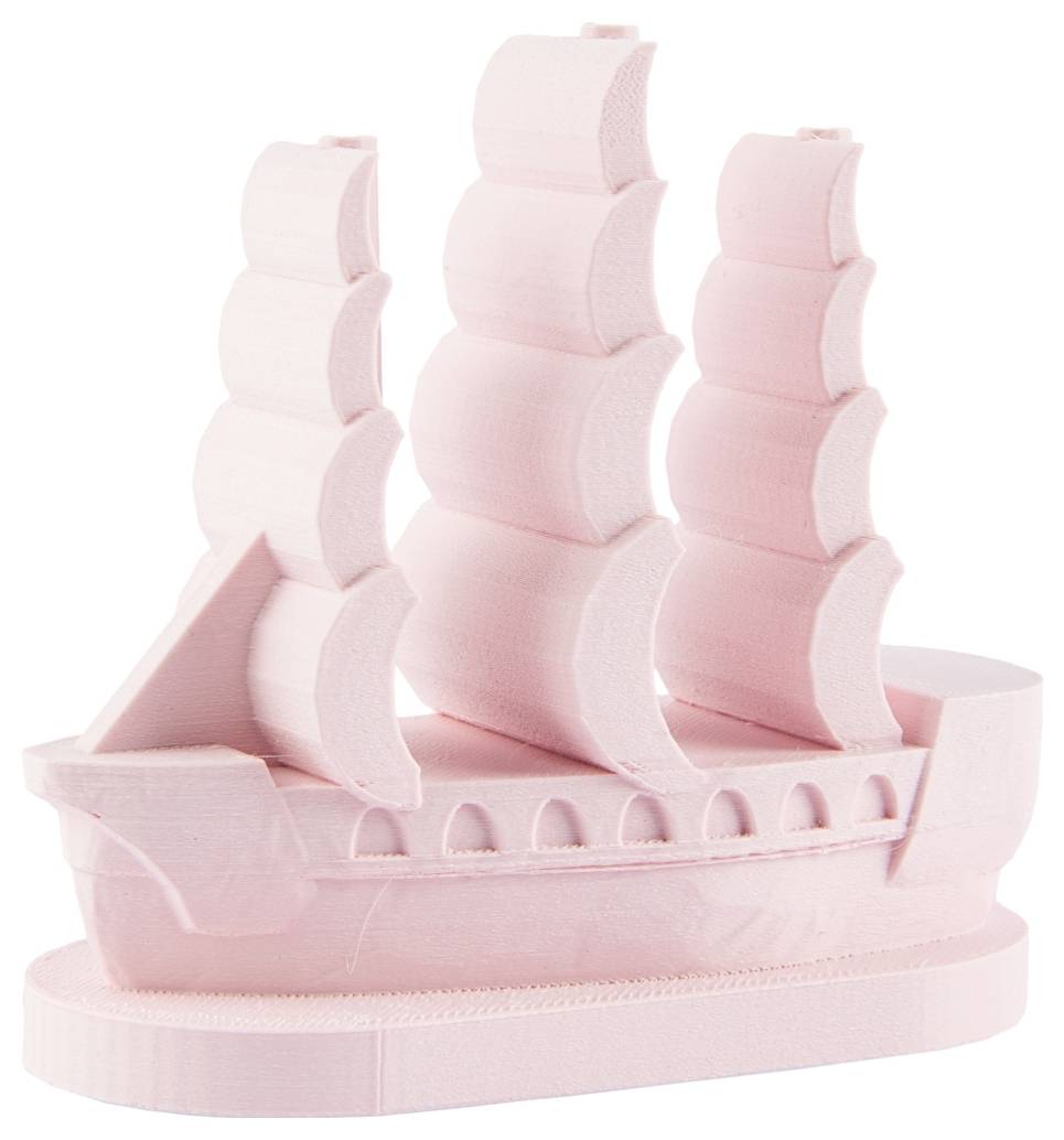 Roze model van een zeilschip met drie grote zeilen.