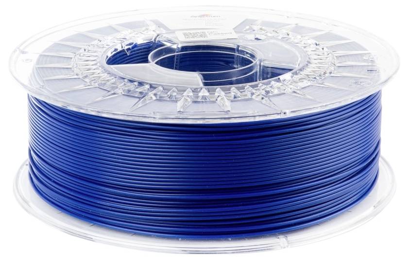 Een rol blauw 3D-printer filament, opgerold op een transparante kunststof spoel, klaar voor gebruik in 3D-printen.