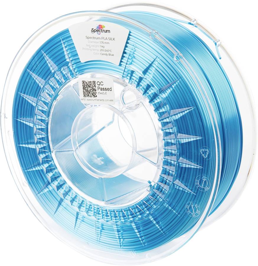 Een spoel met blauw 3D-printer-filament van het merk Spectrum. Op het etiket staat 'Spectrum PLA SILK', kleur 'Crazy Blue'.