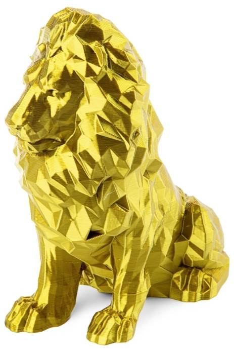 Gouden, gefacetteerd leeuwenstandbeeld in zittende houding, geometrisch gestileerd, glanzende oppervlakte.