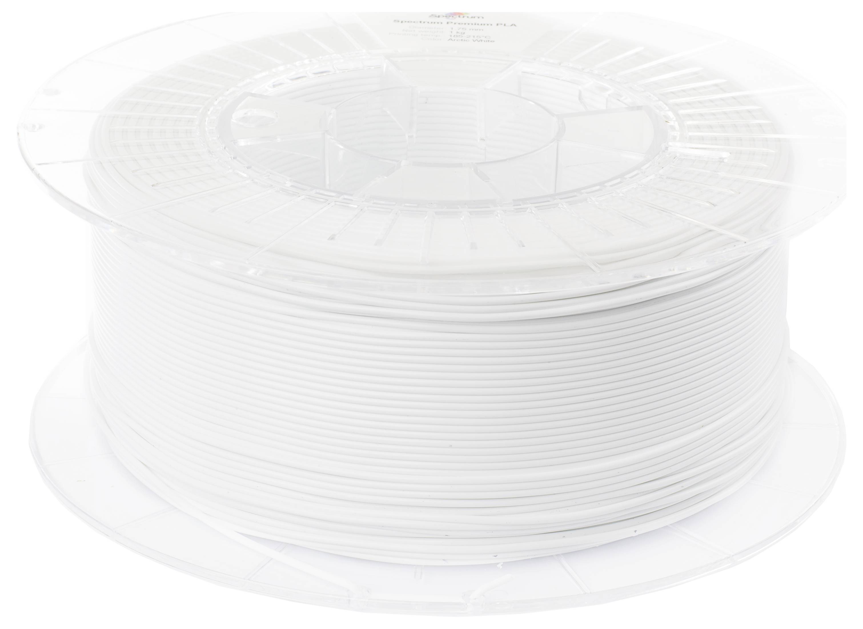 Witte filamentspoel voor 3D-printer op een transparante plastic spoel.