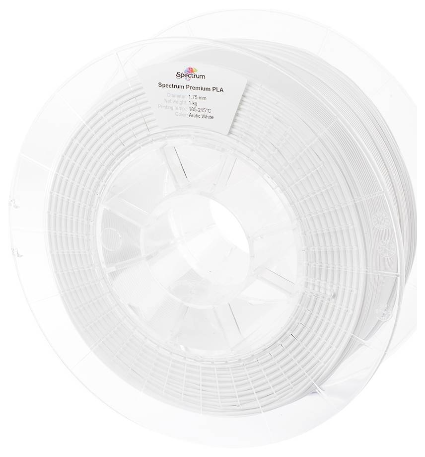 Een spoel met wit PLA-filament 'Spectrum Premium' voor 3D-printers, met een diameter van 1,75 mm, toont etiket bovenaan met specificaties.