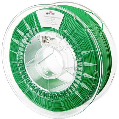 Groene 3D-printfilamentrol van Spectrum, etiket toont 'PLA Premium', 1,75 mm dikte, QR-code en 'QC Passed'-stempel.
