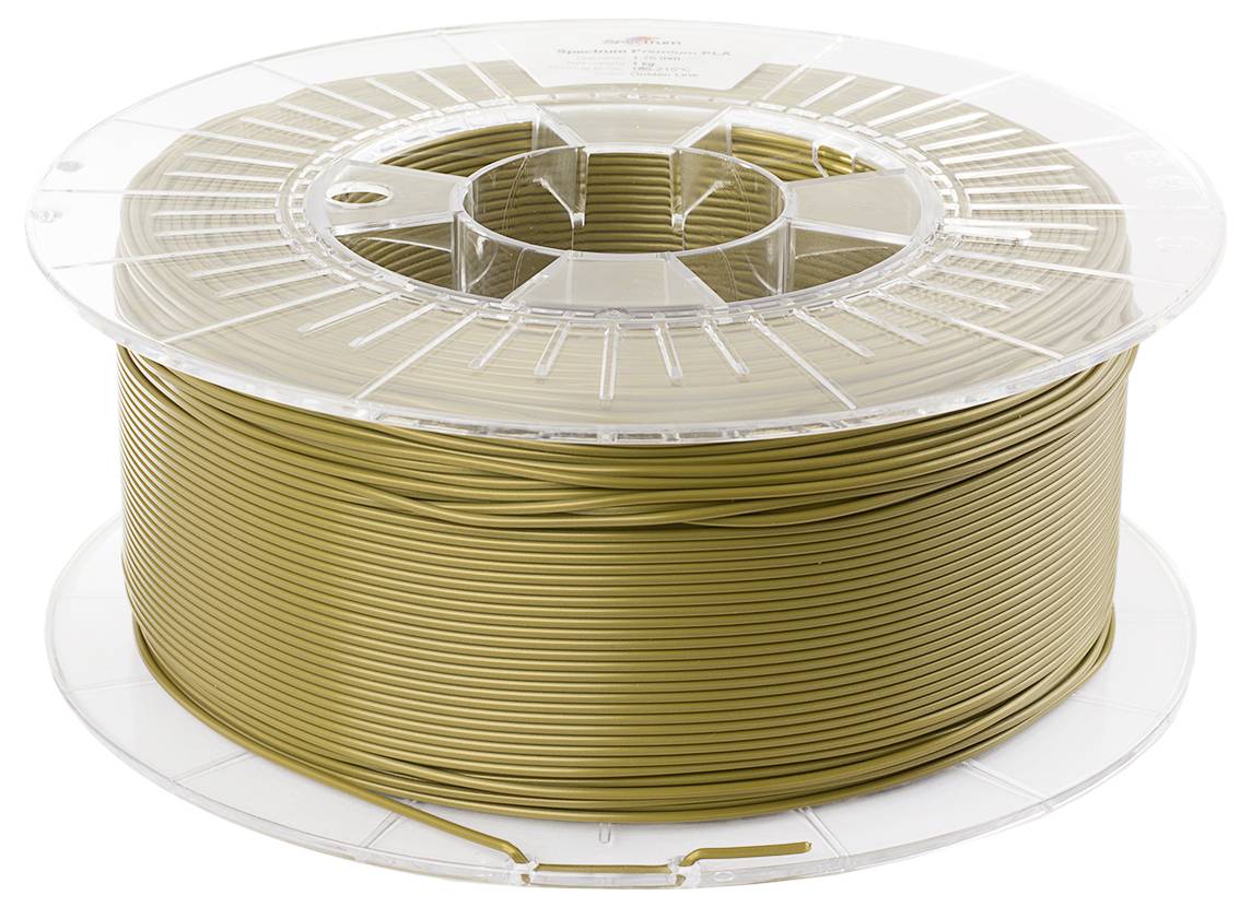 Een transparante kunststofspoel die is opgerold met goudbruin filament voor 3D-printers.