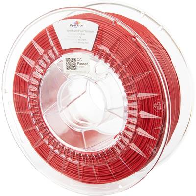 Een rode spoel met 3D-printerfilament van PLA van Spectrum, opgerold op een transparante kunststofrol.