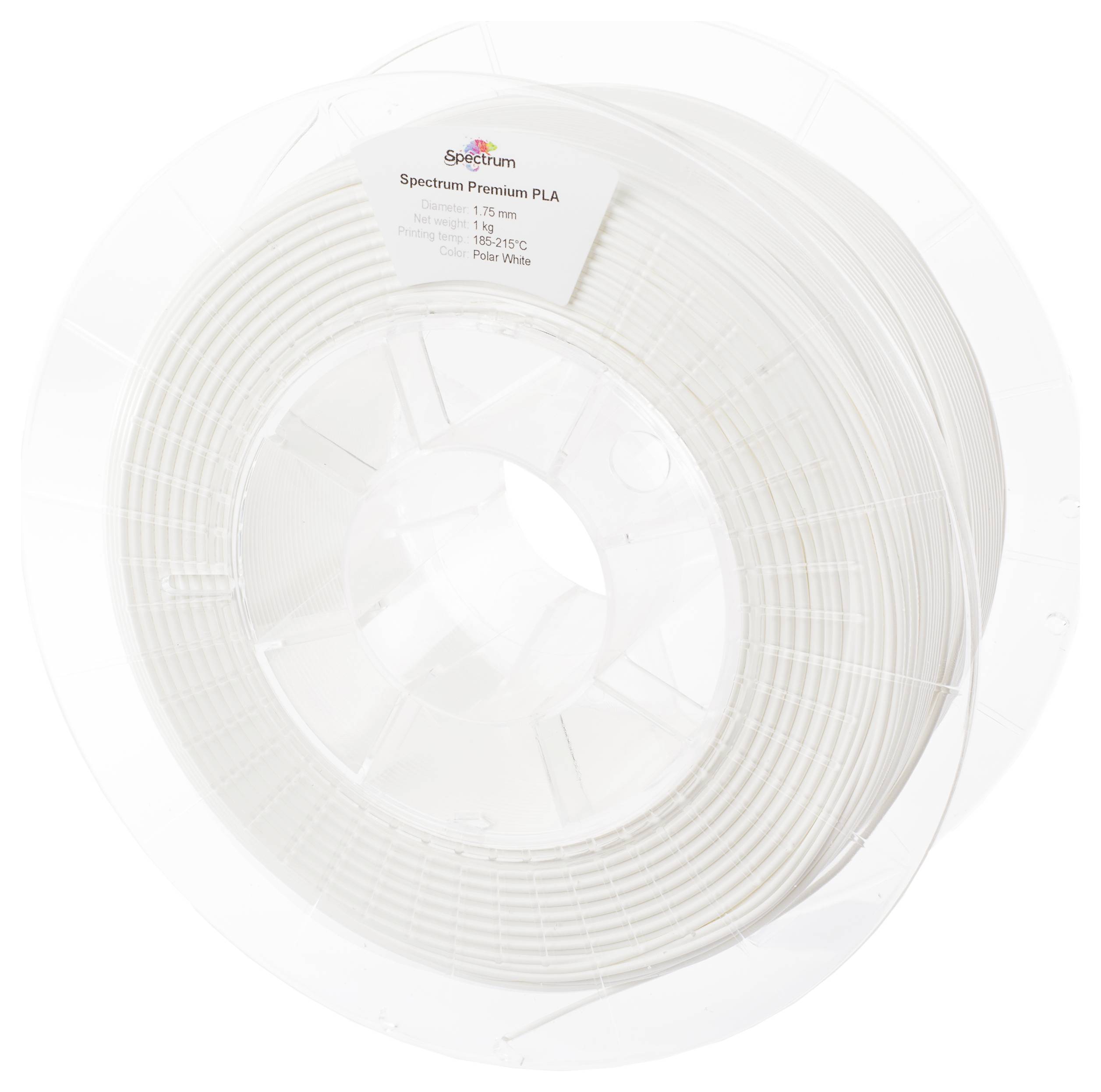 3D-printfilament in een heldere plastic container. Etiket 'Spectrum Premium PLA' met specificaties: 1,75 mm, 180-230°C, Polar White.