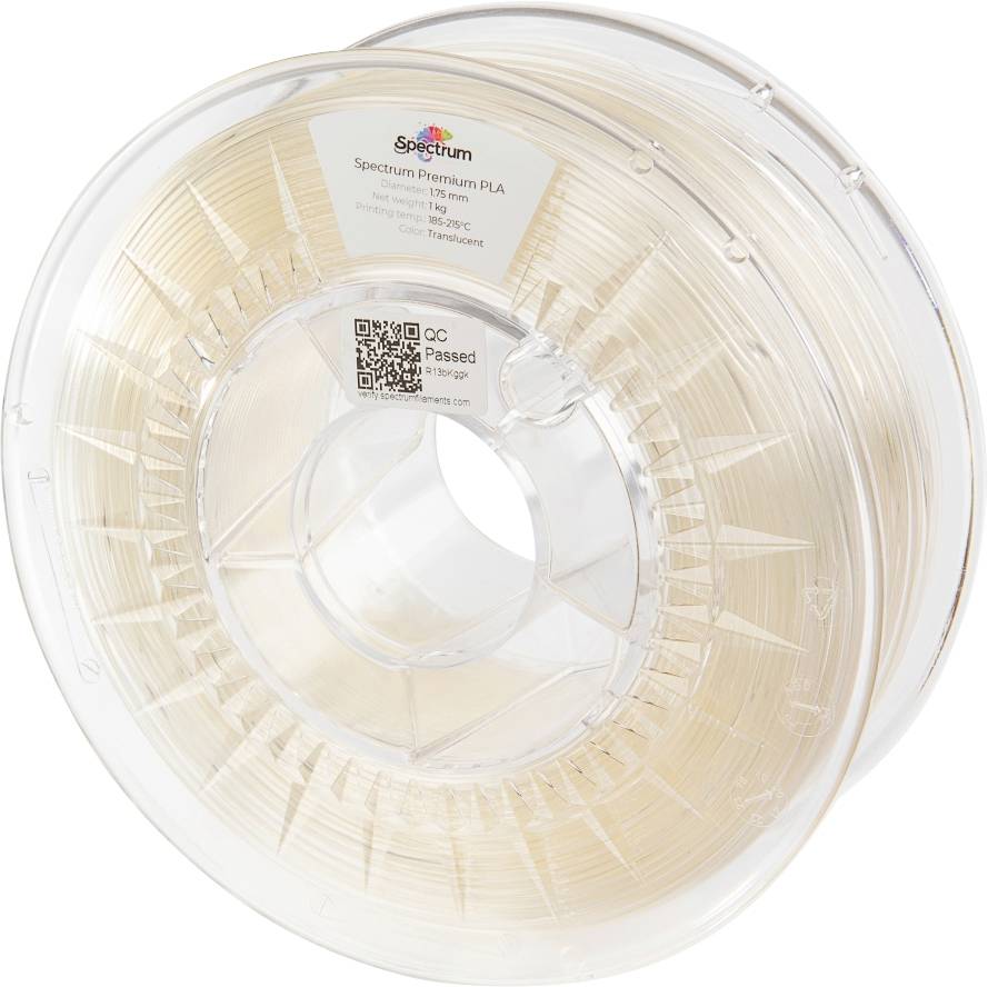 Transparante spoel met 3D-printer-filament, voorzien van het etiket 'Spectrum Premium PLA'.