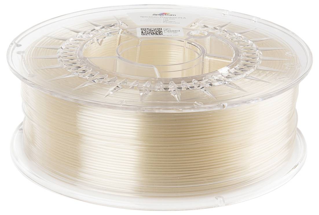 Een transparante spoel met beige 3D-printer filament. De spoel is van kunststof en toont een barcodel-etiket op de bovenkant.