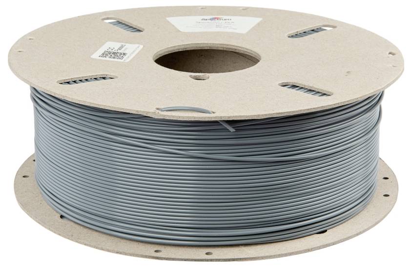 Een grote spoel met grijs kabel is opgerold op een rond, plat kartonnen draagsysteem.