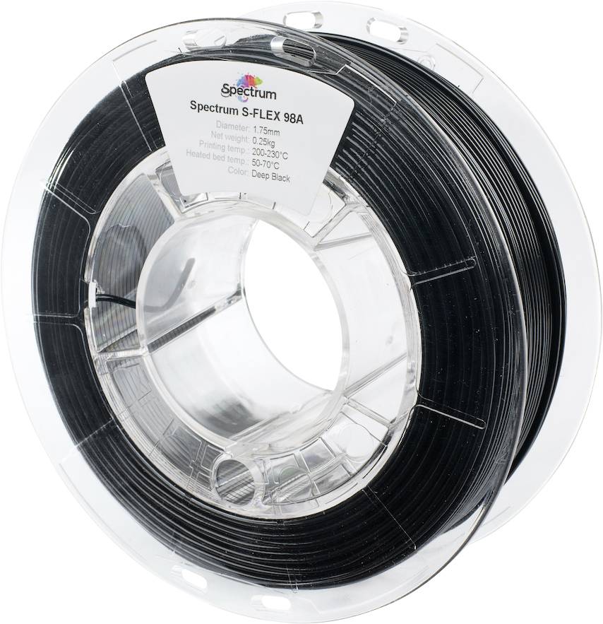 Een rol zwart 3D-printer filament, gelabeld met 'Spectrum S-FLEX 98A', diameter 1,75 mm, voor flexibele prints.
