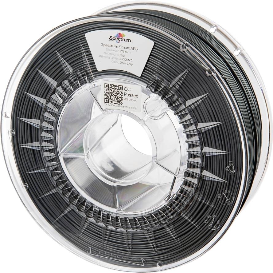 Zwart 3D-printerfilament op een kunststof spoel met etiket 'Spectrum Smart ABS', diameter 1,75 mm, 1 kg, kleur donkergrijs.