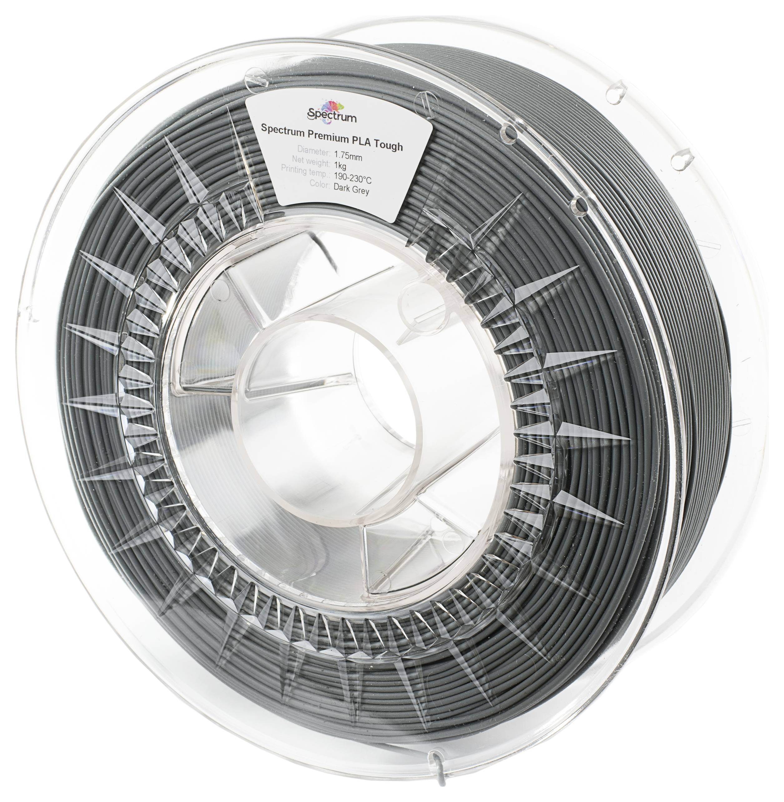 Een spoel grijs 3D-printfilament, beschreven als 'Spectrum Premium PLA Tough'.