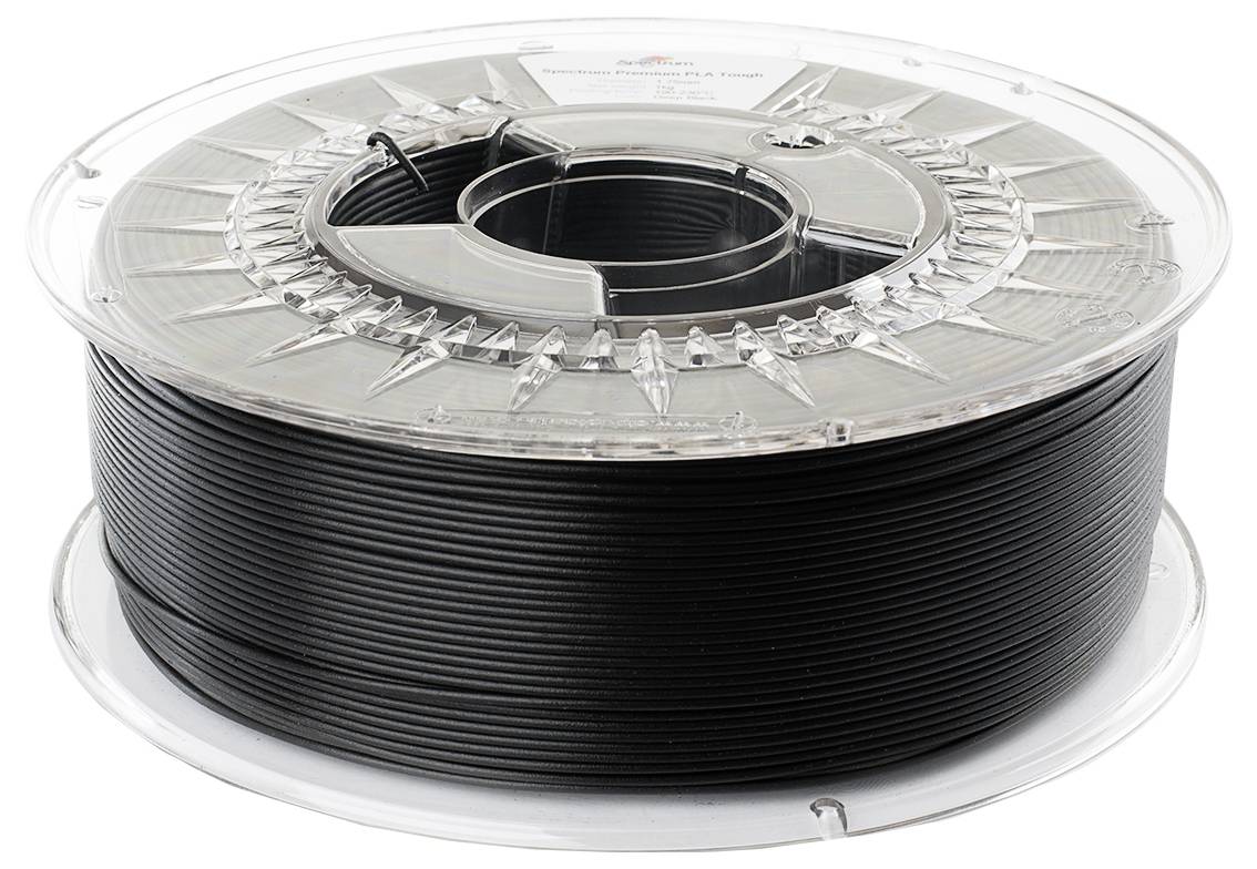 Een spoel met zwart 3D-printfilament van kunststof in transparante verpakking.