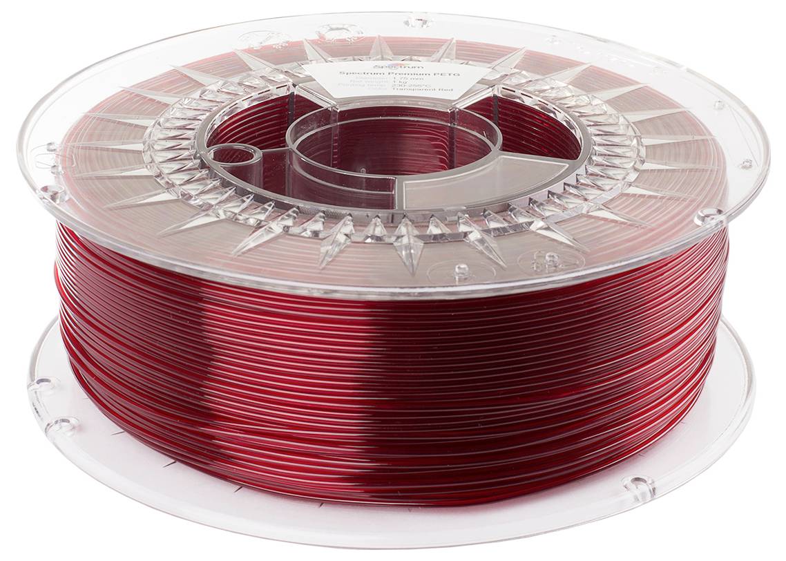 Rol met rood PETG 3D-printerfilament, voorzien van een transparante spoeldeksel; gebruikt voor 3D-printprojecten.