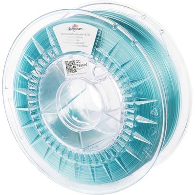 Heldere spoel met turquoise 3D-printfilament, gedetailleerd etiket met materiaalbeschrijving en QR-code zichtbaar.