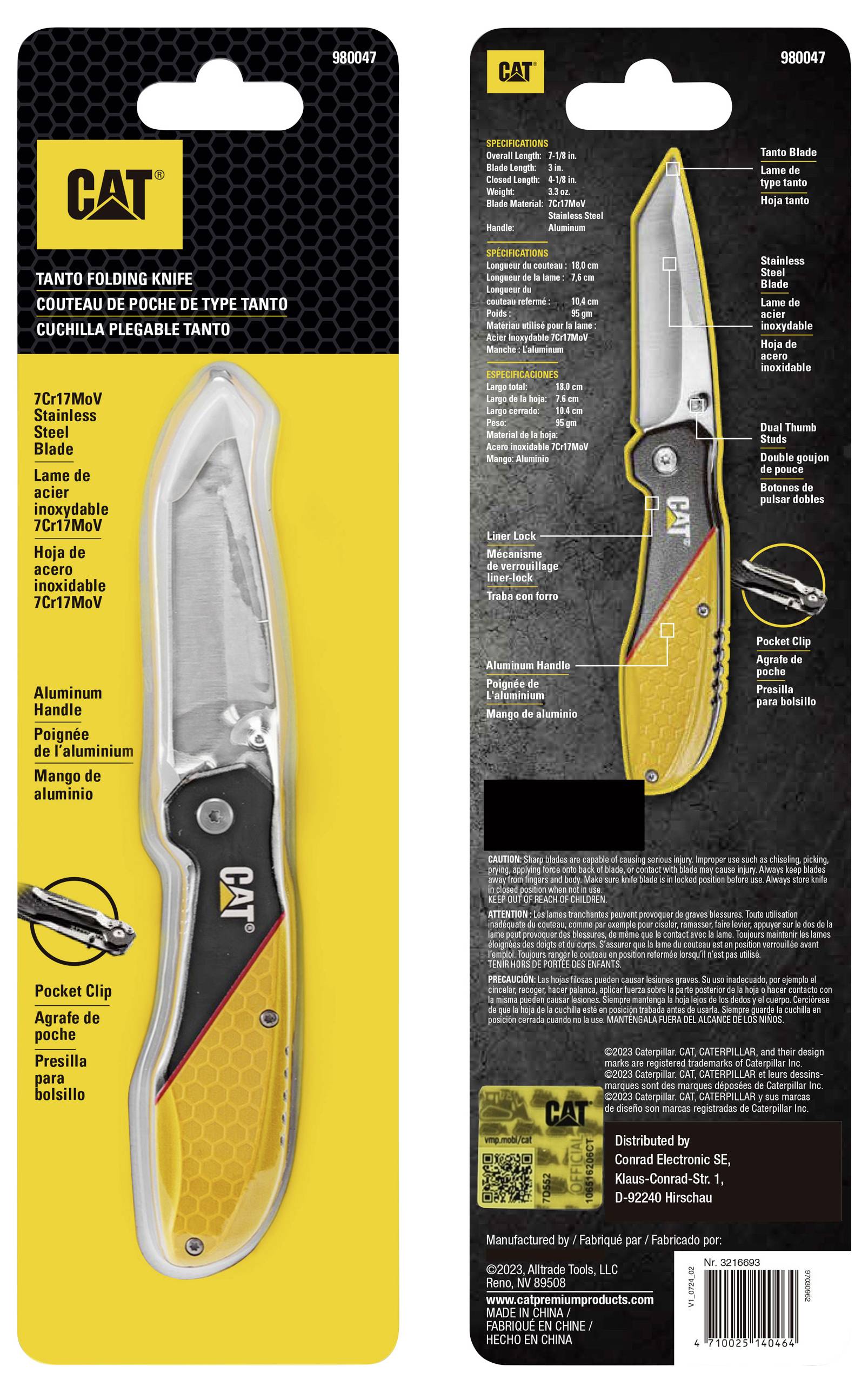 Tanto Vouwmes met roestvrijstalen lemmet en aluminium handgreep. Verpakking toont mes en productinformatie in meerdere talen.