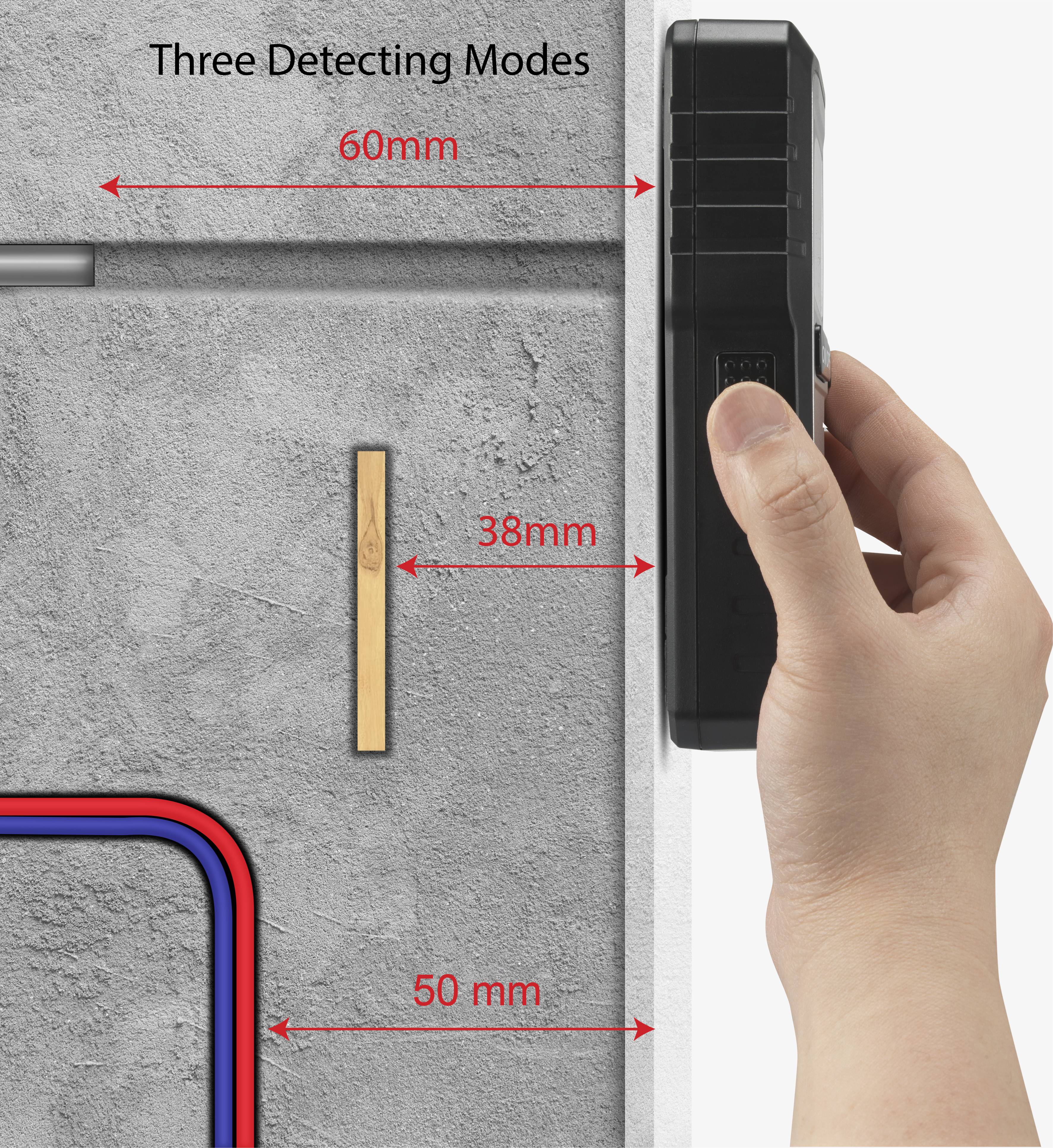 Een hand houdt een staafsteker tegen een muur met zichtbare markeringen van 60 mm, 38 mm en 50 mm, die detectiemodi voor verschillende dieptes aangeven.