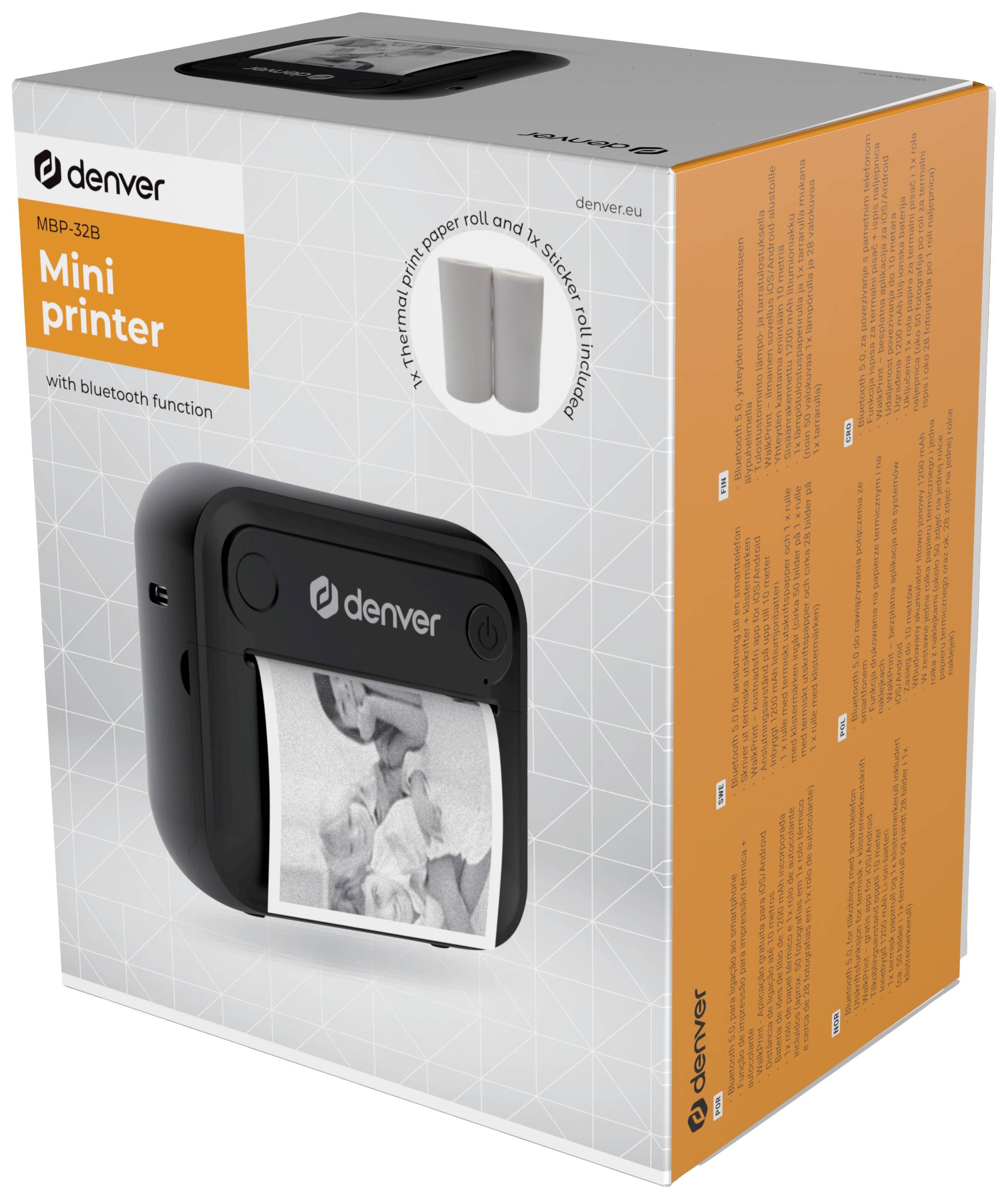 Verpakking van Denver mini-printer. Bevat 'MBP-329 Mini printer' met Bluetooth-functionaliteit. Afbeelding toont een compact, zwart apparaat.