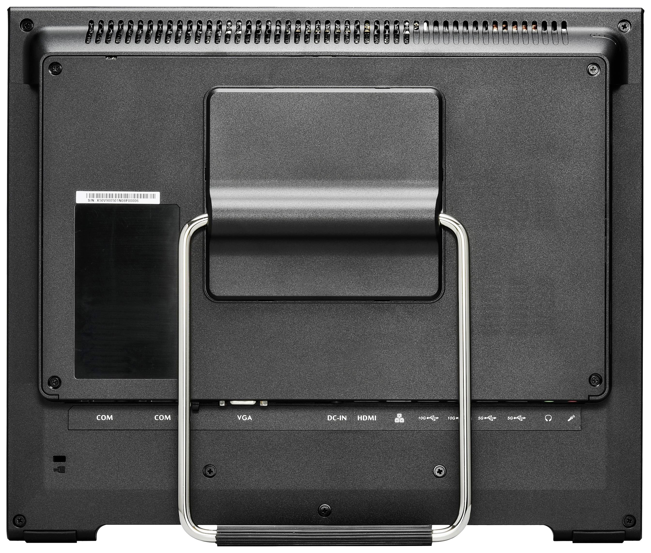 De achterkant van een zwarte monitor met voet, meerdere aansluitingen en ventilatiesleuven bovenaan.