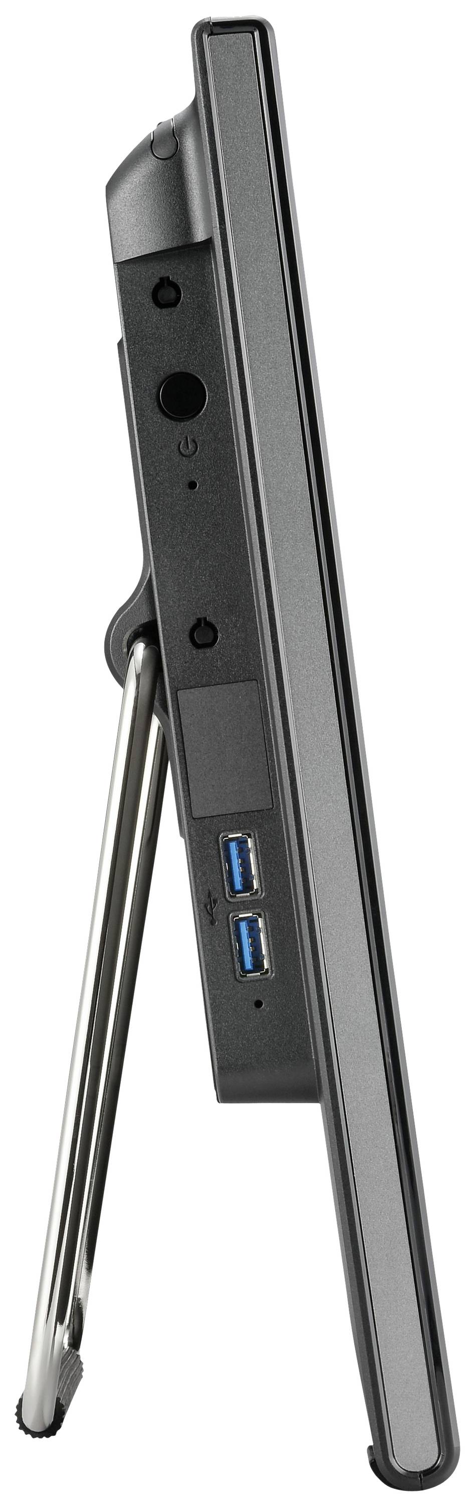 Zijaanzicht van een slanke, rechtopstaande monitor met een metalen standaard en meerdere aansluitingen, waaronder USB-poorten.