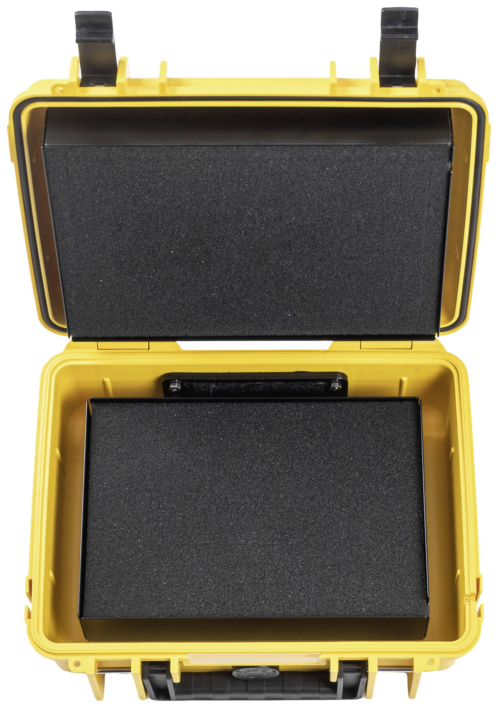 Gele, robuuste transportkoffer met schuimstof binnenvoering, geopend. Ideaal voor het veilig opbergen van gevoelige apparatuur.