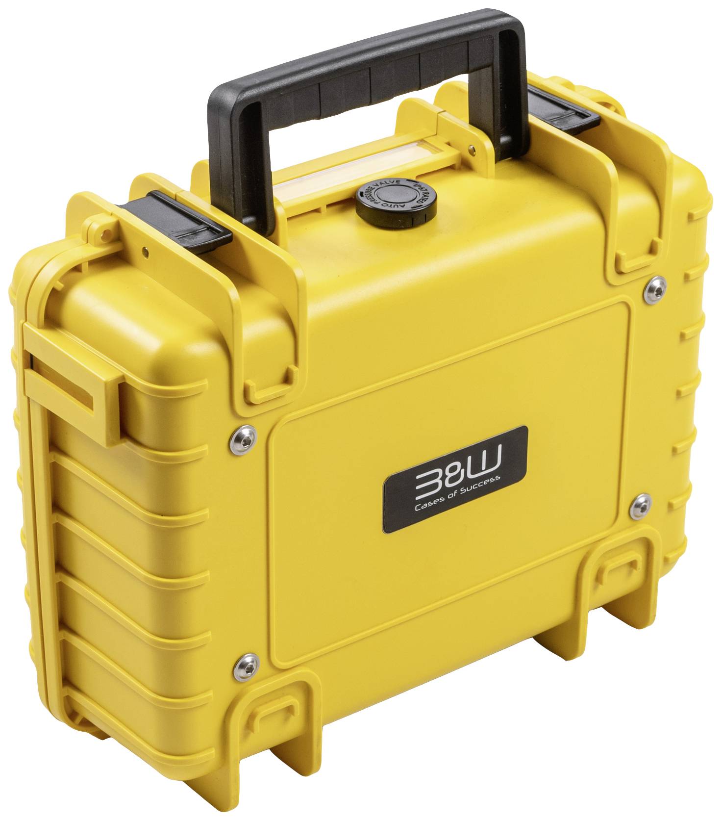 Gele, robuuste hardcase koffer met zwarte handgreep, geschikt voor het veilig vervoeren van gevoelige apparatuur.