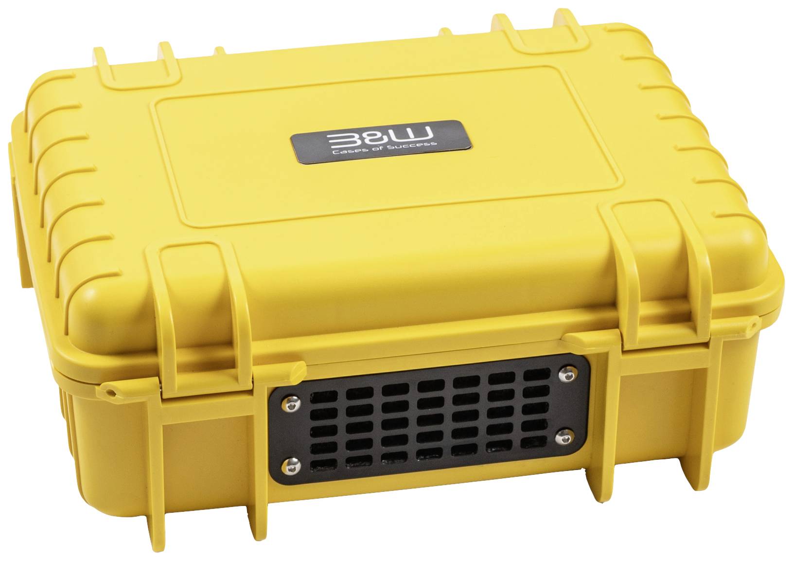 Gele, robuuste beschermkoffer met zwarte ventilatie aan de voorkant en B&W-logo bovenaan. Geschikt voor het veilig vervoeren van kwetsbare voorwerpen.