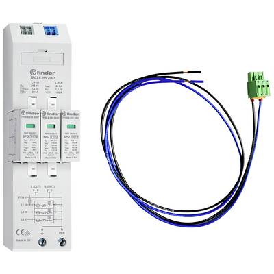 'Overspanningsbeveiligingsapparaat met drie modules links en een kabel met stekkerverbinding rechts. Apparaat ter voorkoming van overstroming.'